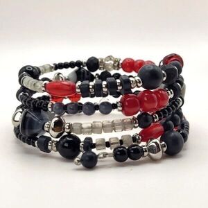 Multi-strand Red and Black Glass Beaded Wrap Cuff  Silvertone Wire Bracelet